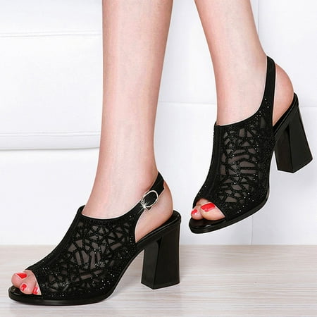 

Women Shoes Women s Spring And Summer Fashion Peep Toe Thick Heel High-Heeled Rhinestone Mesh Hollow Buckle Sandals Black 8