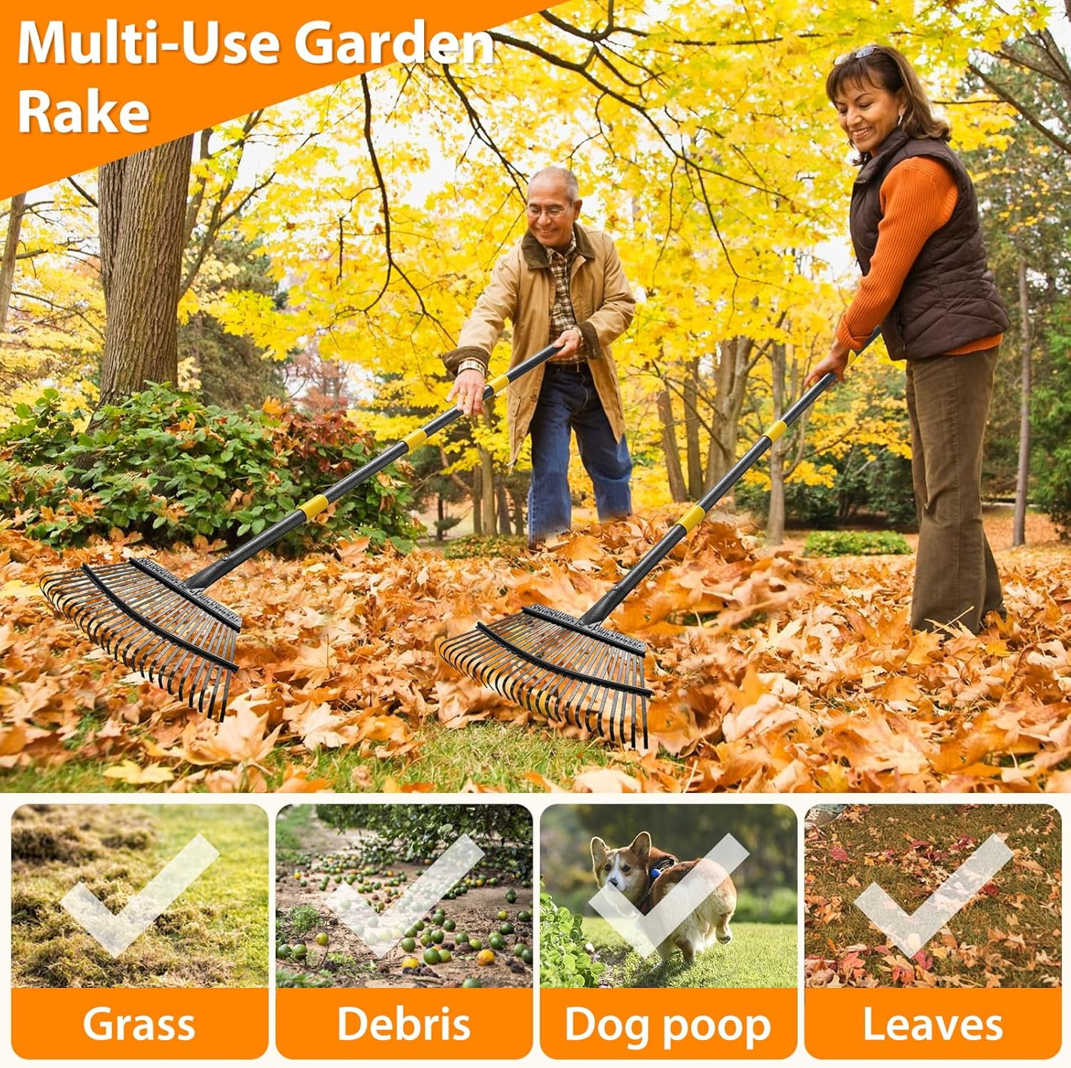 25-Tine Leaf Rake, 60-inch Heavy Duty Metal Garden Rake for Lawns & Yards – Small Rake Head