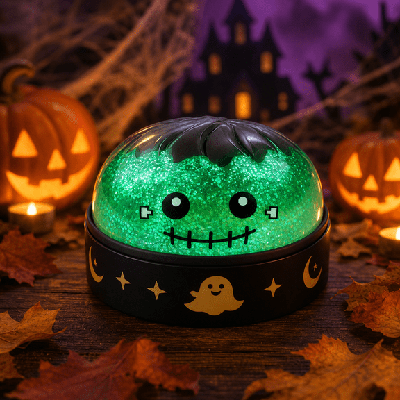 Halloween Frankenstein Dumpling Squishy Green Glitter Stress Relief Sensory Fidget Ball in Steamer Container, Spooky Party Favors Treat Bag Stuffers, 1 Pack