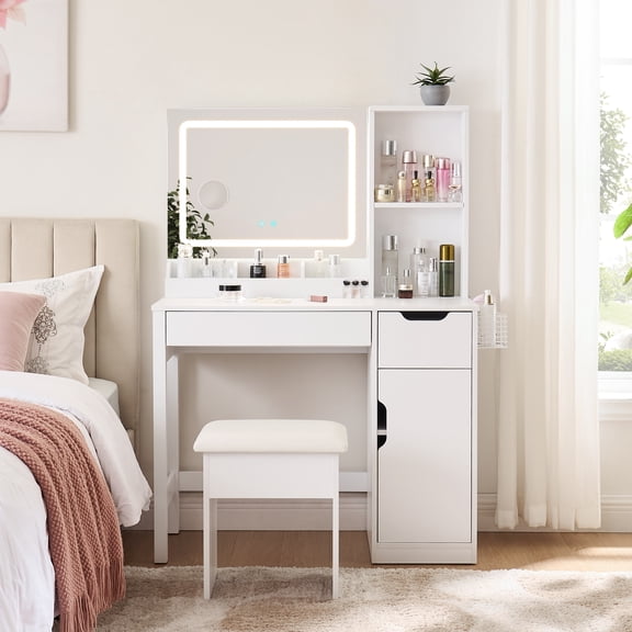 Mainstays Get Ready with Me GRWM Deluxe 2-Piece Vanity and Stool with Lighted Mirror and USB Power, White Finish