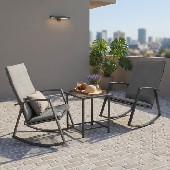 Hommoo 4-Piece Outdoor Rattan Patio Furniture Set, Loveseat, 2 Single Chairs & Tempered Glass Coffee Table for Backyard, Balcony, Garden, Navy