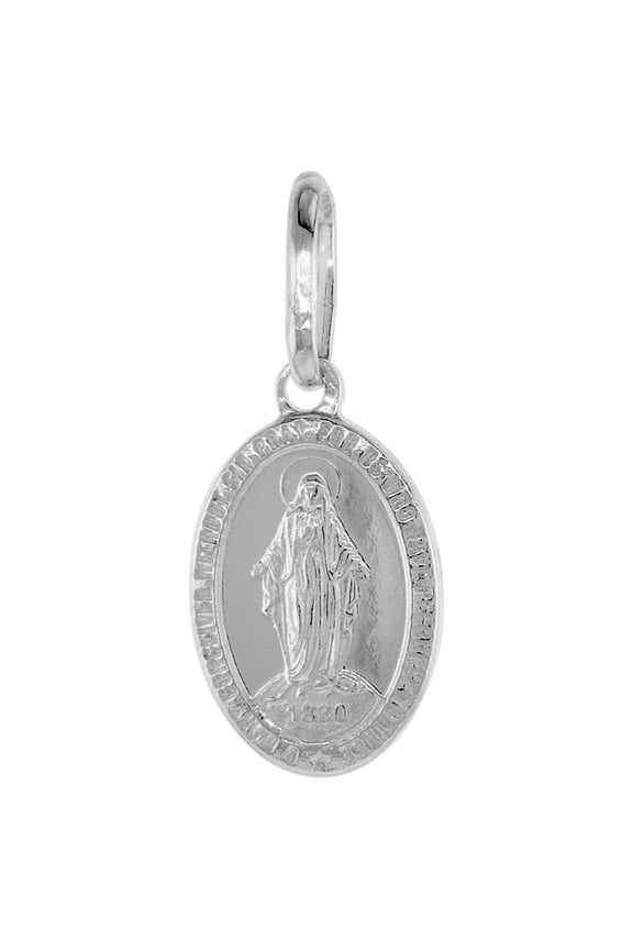 15mm Very Tiny Sterling Silver Miraculous Medal Necklace Oval Virgin Mary Italy with Stainless Steel Chain 1/2 inch