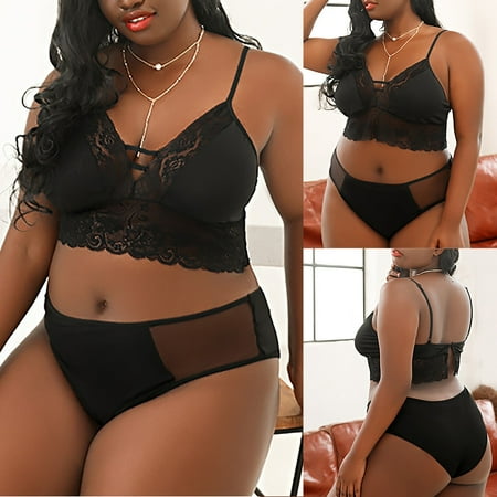 

QWERTYU 2PCS Women s High Waisted Mesh Bra and Panty Sets Babydoll Teddy Lingerie Lace Sexy Lingerie Set Black 2XL