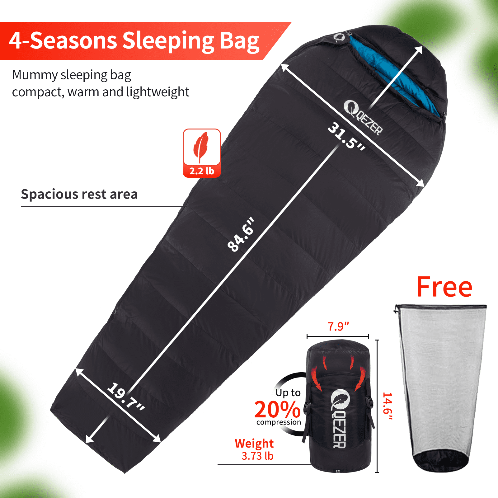 QEZER Down Sleeping Bag for Adults, 10°F Cold Weather Backpacking Sleeping Bag with Compression Sack