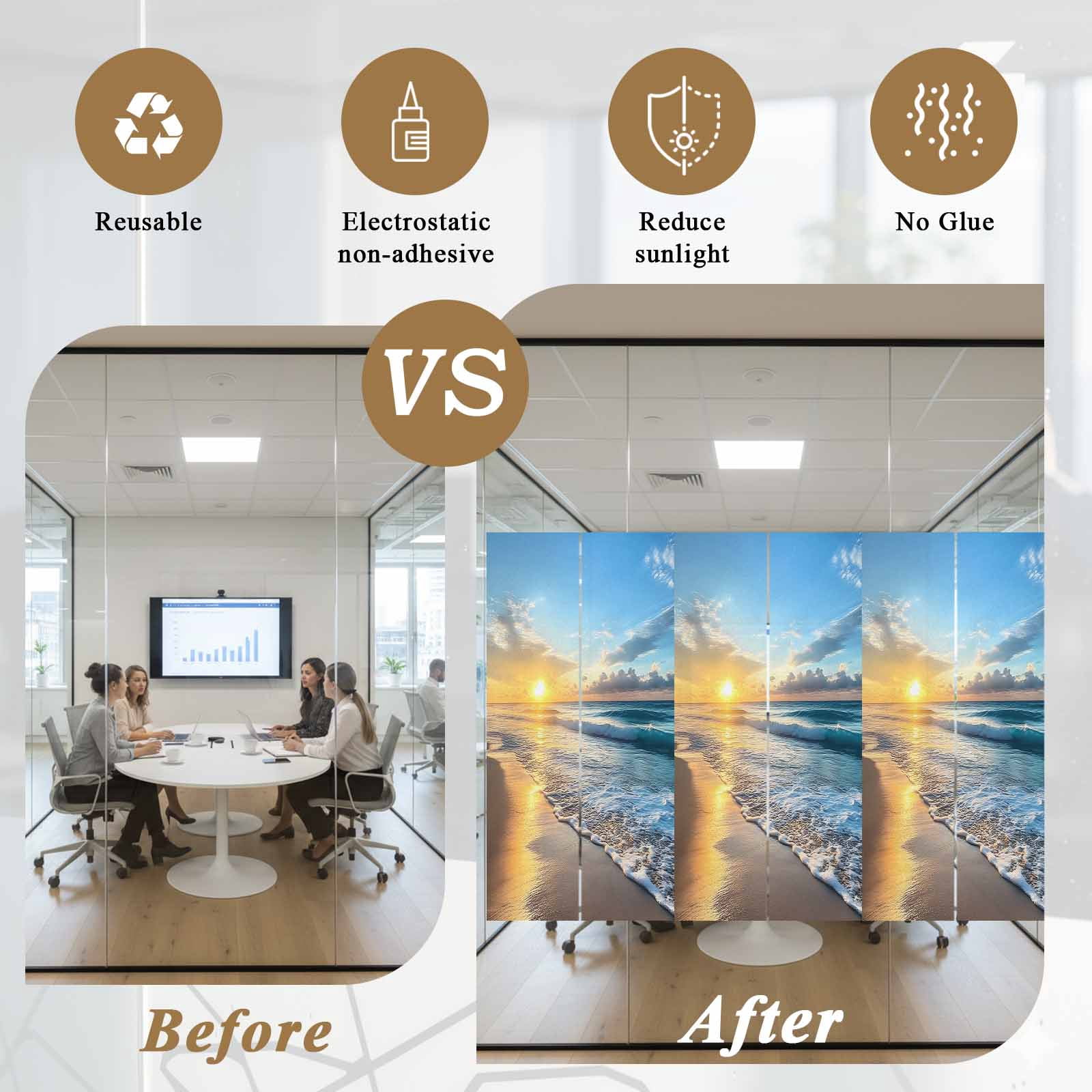 Summer Beach Window Privacy Film, Sunset Ocean Coastal Nautical Static Cling UV Sun Blocking Heat Control Window Tint Day and Night, Non-Adhesive Reusable One Way Windows Privacy Cover 35.4''x78.7''