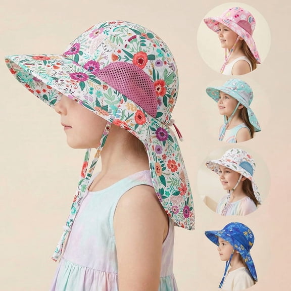 Minzimin 1Pack Kids Wide Brim Sun Hat with Side Mesh, UV Protection Outdoor Hat with Neck Flap for Boys & Girls, Fits 8 Months-12 Years