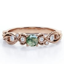 JeenMata Seven Stone 1.75 Carat Round Brilliant Cut Solid Finely Veined Moss Green Agate and Moisssanite Victorian Style Filigree Engagement Ring in 18K Rose Gold Plating over Silver