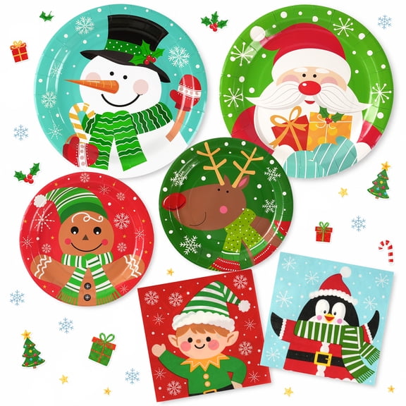 OuMuaMua 75Pcs Christmas Party Plates and Napkins, Round Disposable Dinner & Dessert Paper Plates, Winter Holiday Xmas Party Tableware Supplies, Serves 25 Guests