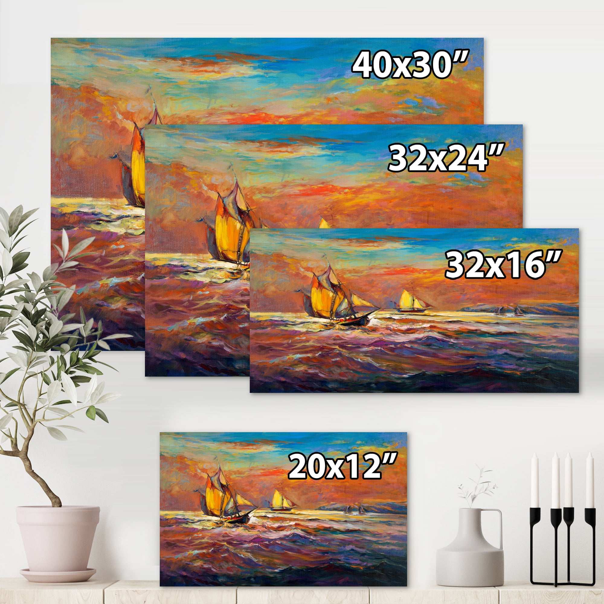 Designart ' Sailships On The Ocean Waves During Orange Evening Glow ' Nautical & Coastal Canvas Wall Art Print