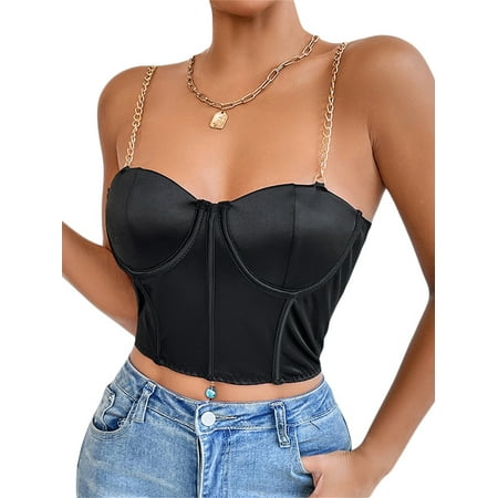

JINSIJU Women s Satin Crop Cami Tops Sleeveless Chain Spaghetti Strap Solid Color Slim Fit Bustier Camisole