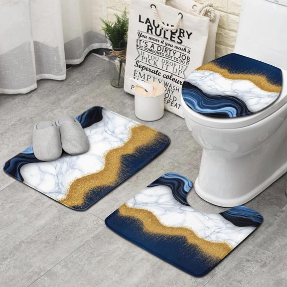 Blue Marble Gold Wave Pattern Bathroom Rugs Sets 3 Piece,Toilet Cover Set,Absorbent Non Slip Bathroom Mats Sets with U-Shaped Contour Rug Toilet Rug Set