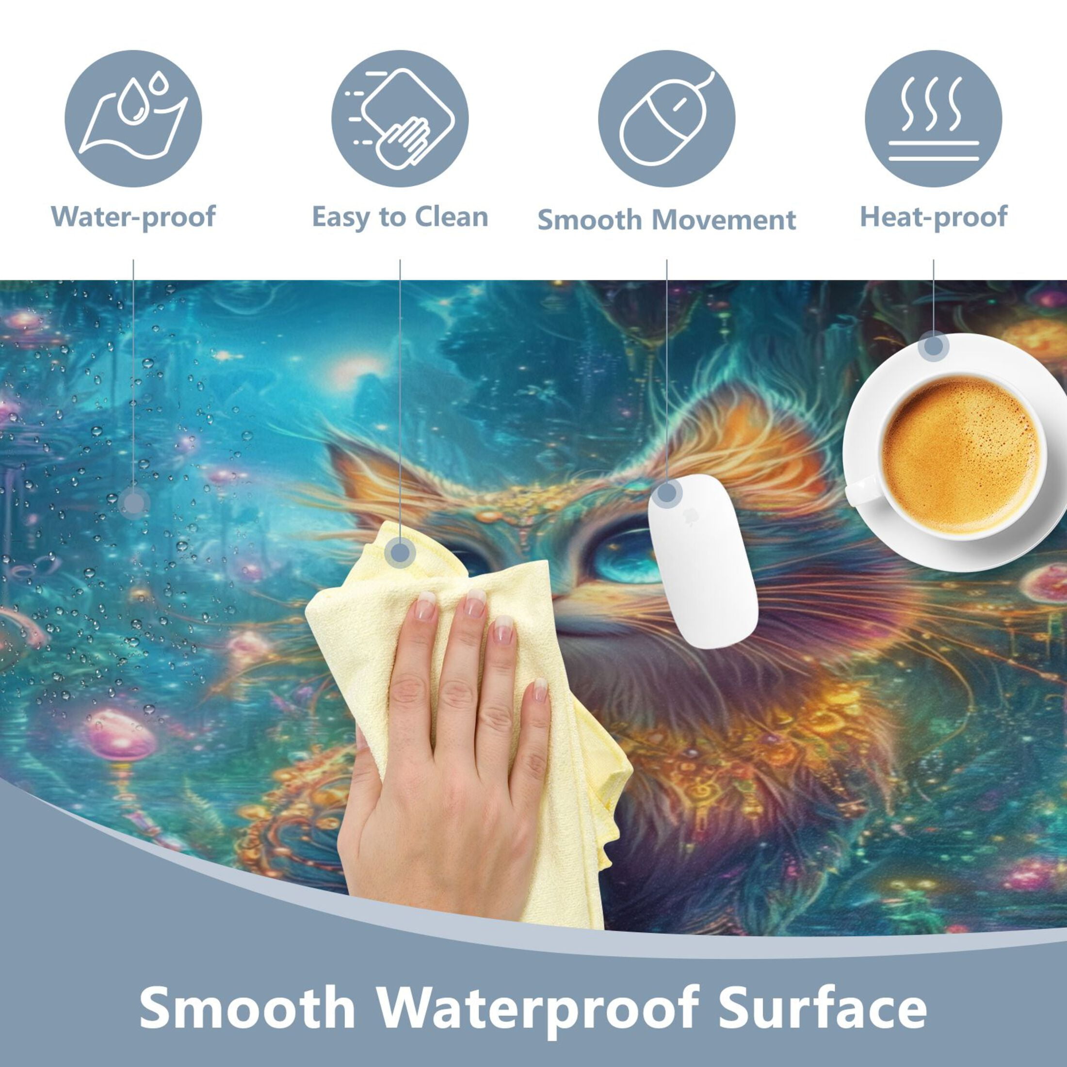 Leather Keyboard and Mouse Desk Mat Office Desk Accessories Protective Office Desk Decor Desk Pad Mat for Gaming, Work from Home, Office Mystical Cat 16.5" x 35.4"