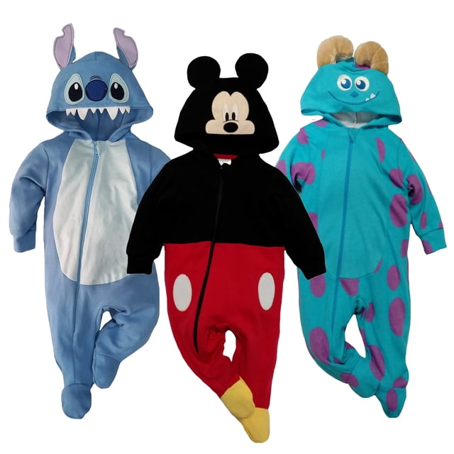 Kit 3 Mamelucos de algodón con Gorro bordado Disney Premium Stitch, Mickey, Sulley Talla 6 meses Disney Ropa de Recién Nacido
