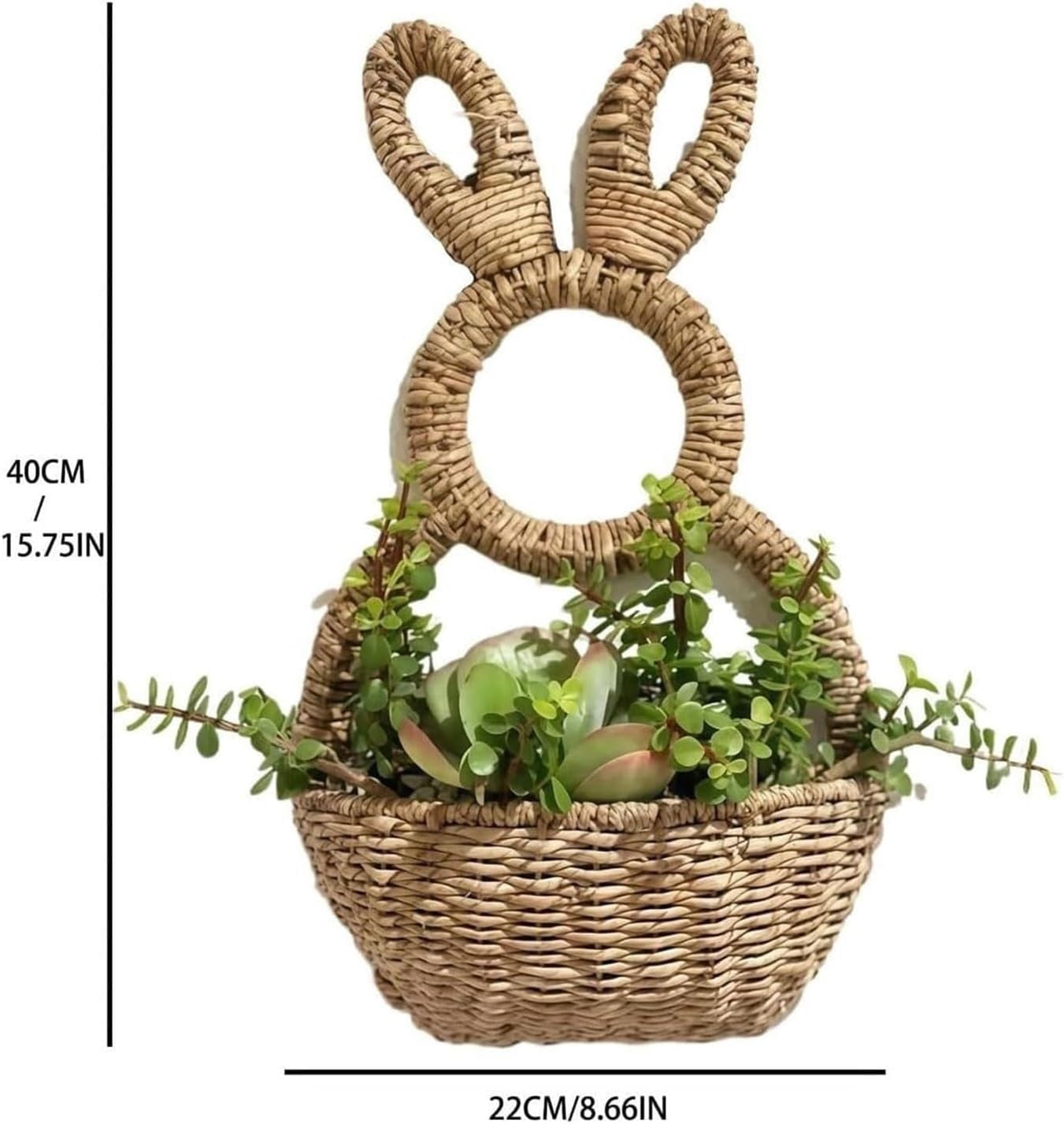 Bunny Basket Hanging Wall Pocket Spring Decor, Hand Woven Wicker Easter Basket Hanging Ornament, Handmade Wicker Easter Candy Eggs Baskets for Easter Eggs Storage (1PCS)