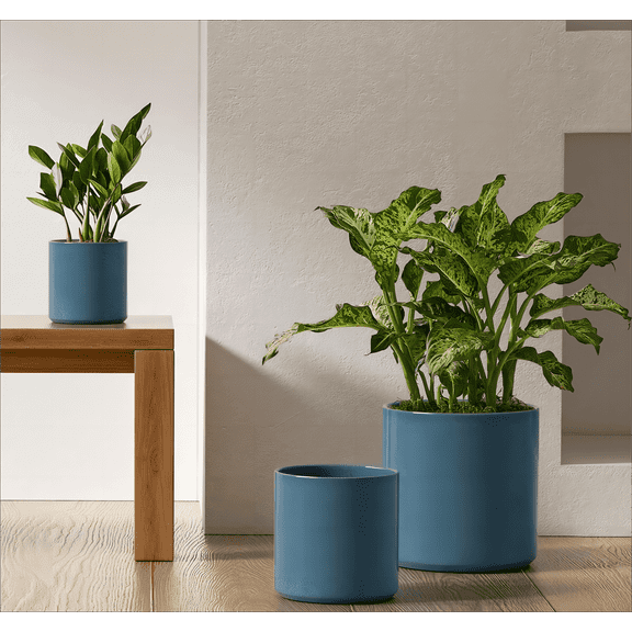 BEMAY Ceramic Flower Pots, Pack of 3 Plant Pots, 10 8 6" Indoor Planters with Drainage Hole&Plug for Home/Patio Decor, Reactive Glaze Blue