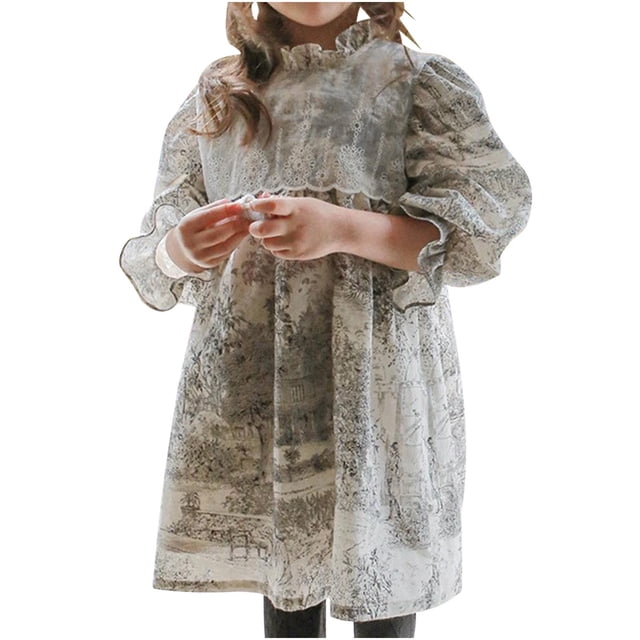 Odeerbi Niñas Princesas Vestido Encaje 2-10 Años Niñas Vestido Algodón Cuello Redondo Manga Larga
