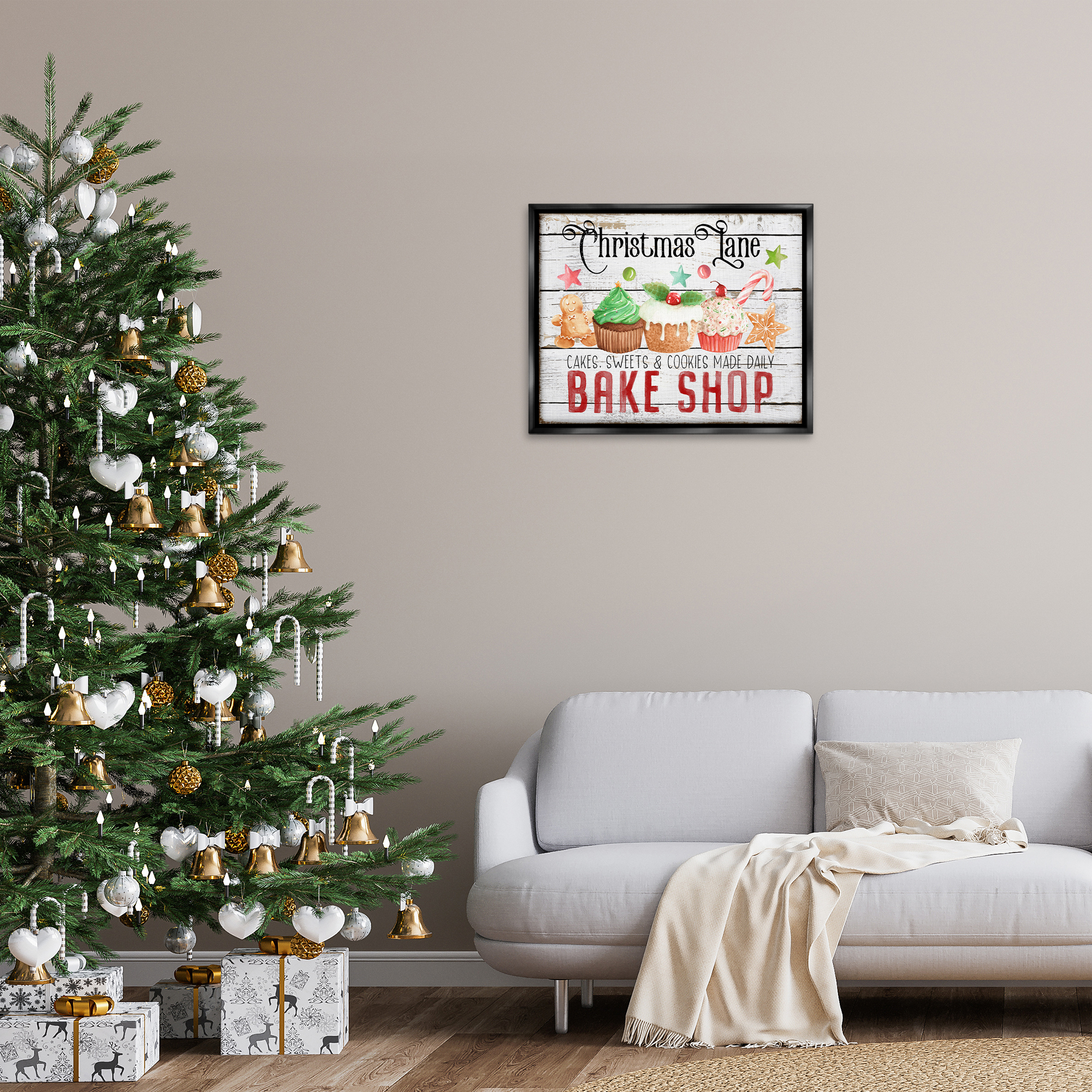 Stupell Industries Christmas Lane Bake Shop Holiday Painting Black Floater Framed Canvas Art Prints Wall Art, 31 x 25