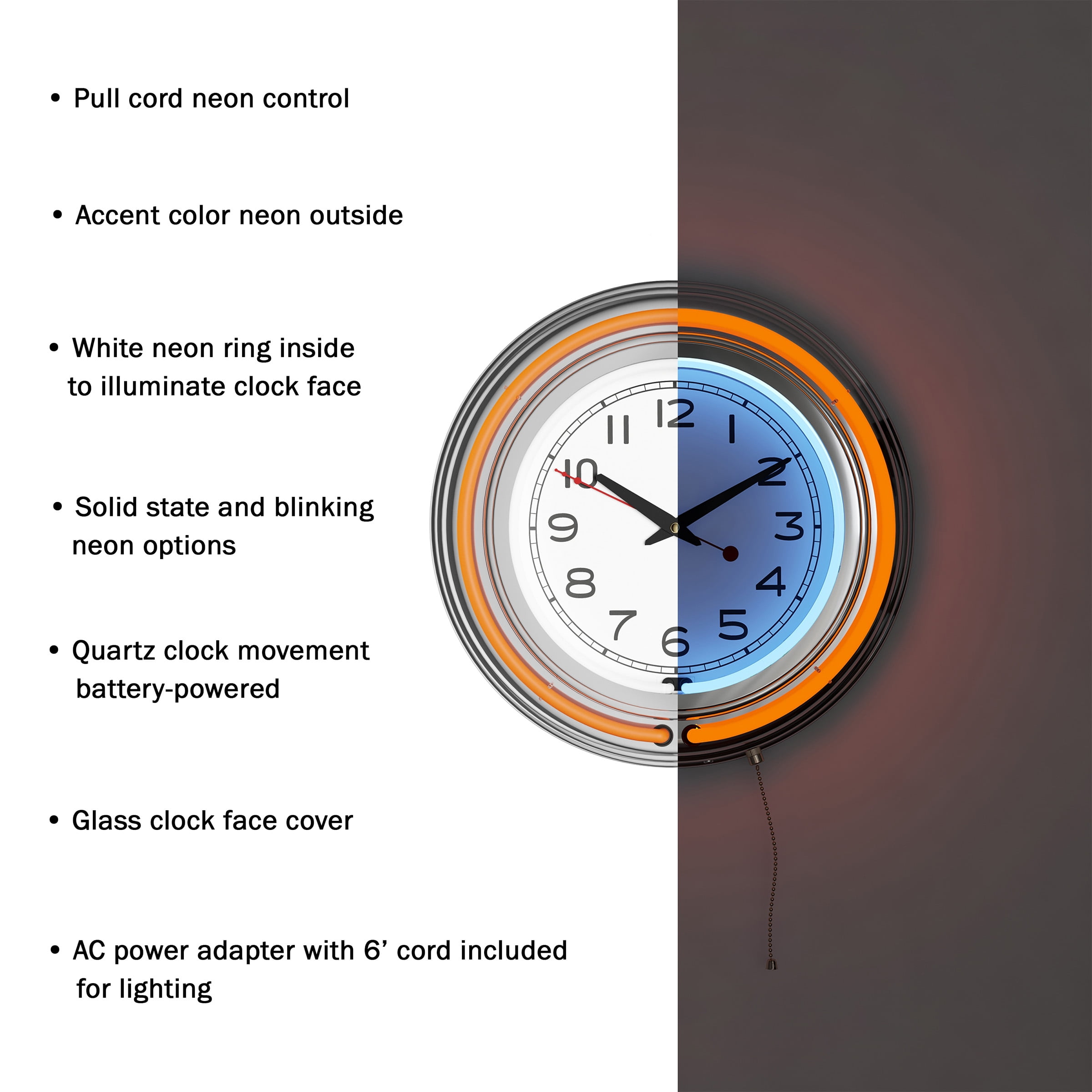 14" Retro Neon Wall Clock, Double Light Ring Vintage Style Clock by Lavish Home