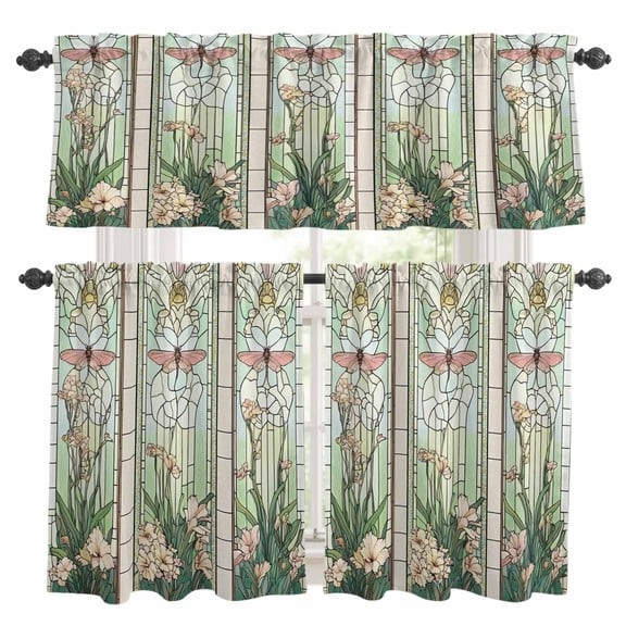 Butterfly Flowers Kitchen Curtains Sets for Windows 24 Inch Length, Vintage Stained Glass Green Spring Rod Pocket Window Treatments Tier Curtains and Valances Set for Bedroom/Bathroom