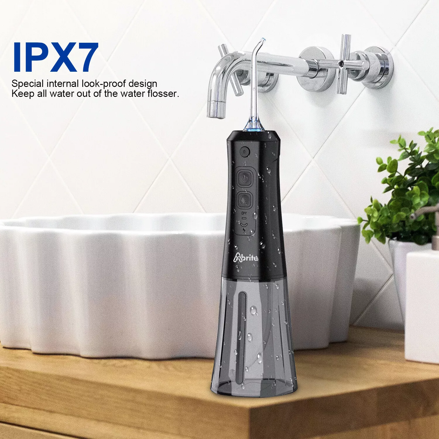 Abrite Cordless Water Flosser for Teeth Braces, Hygiene, DIY Speed 250ml Portable Oral Irrigator Dental Cleaner 7 Water Jet Tips, Black