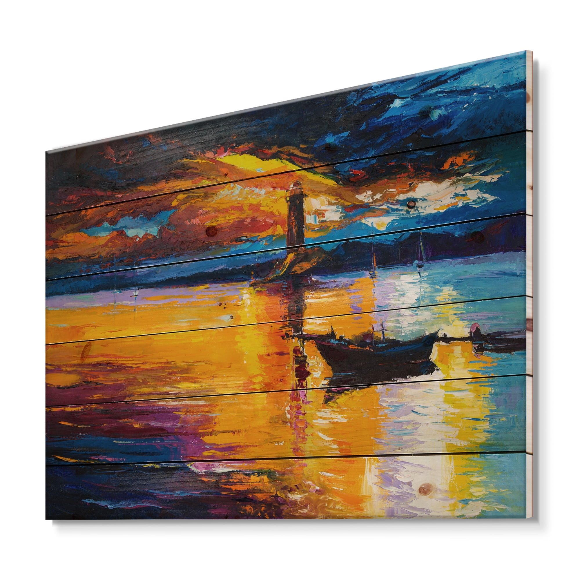 Designart 'Little Boat By Lighthouse During Evening Glow' Nautical & Coastal Print on Natural Pine Wood