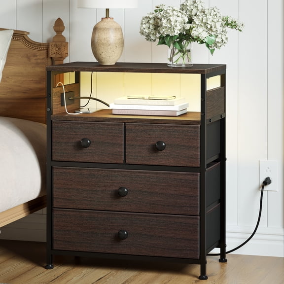 GUNAITO Led Nightstand with 4 Drawers Bedside Table with Charging Station Wide End Table with Storage Shelf for Living Room,Brown