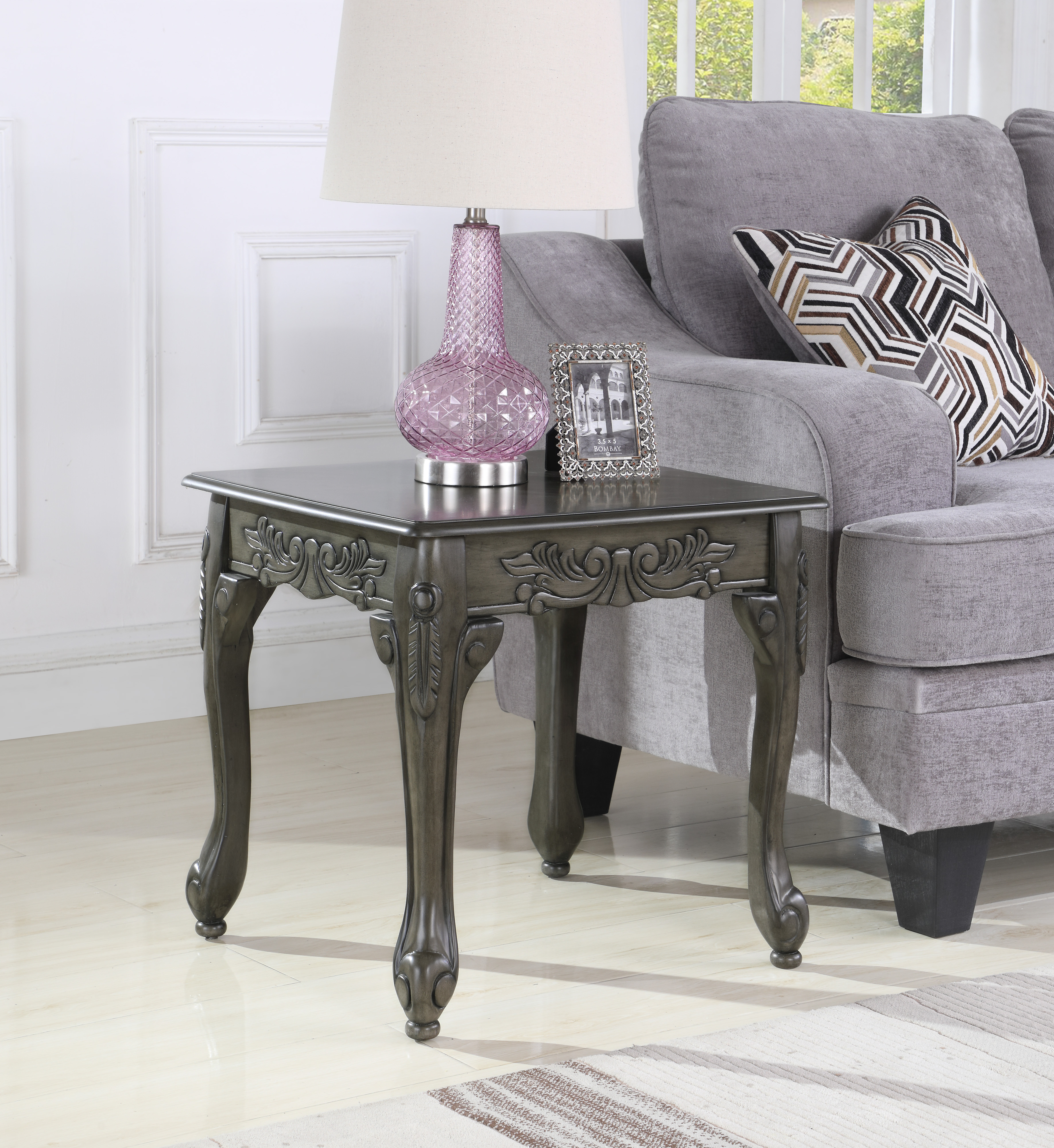 Roundhill Traditional Ornate Detailing Grey Finish Wood End Table