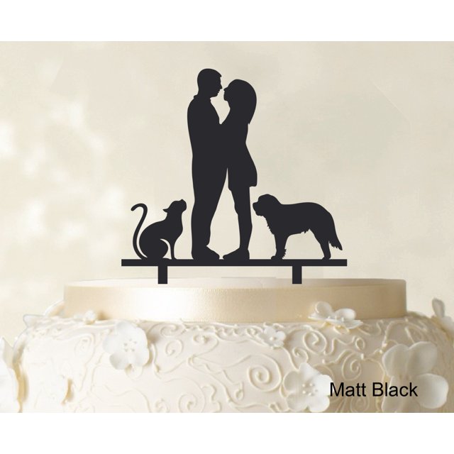 Couple Wedding Cake Topper With Pets Silhouette Wedding Topper Cake Decorations Color Option Available 6.5-7.5 Inches Wide