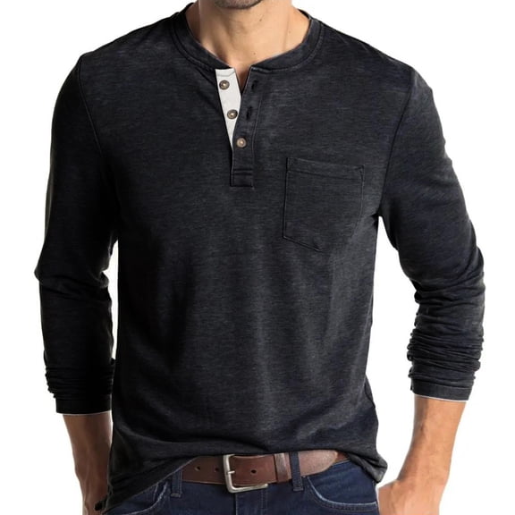 Mens Beefy Henley Shirt Lightweight Long Sleeve Thermal 3 Button Pullover Sweatshirt Big & Tall Jersey Shirt with Pocket