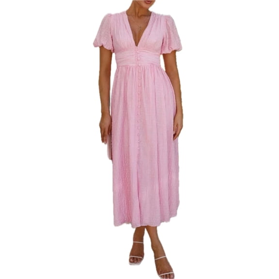 Women's V-Neck Puff Short Sleeve Midi Dress with Smocked Bodice and Zipper Detail 100% Polyester Everyday Wear