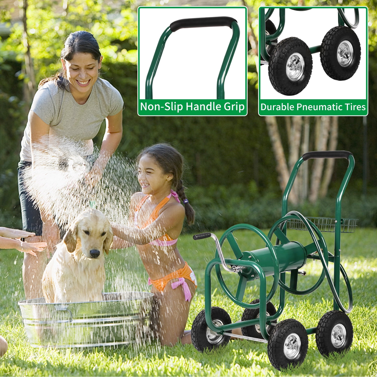 Garden Hose Reel Cart with Wheels Heavy Duty Hose Reels Cart Water Hose Cart Holds 300-Feet of 5/8"" Hose for Yard Water Planting Outdoor Garden Lawn Water Truck w/Storage Basket, Green