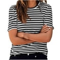 thumbnail image 2 of QQAMB T-Shirts for Women Casual Strip Printed Crewneck Short Sleeve Blouse T-Shirts Summer Trendy Tee Tops Dark Gray S, 2 of 6