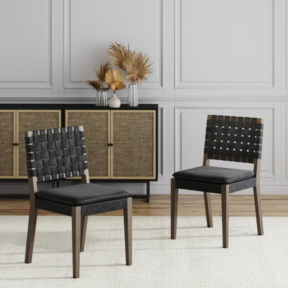 Nathan James Cohen 19 in. Wood Dining Chair, Mid-Century Modern Upholstered Side Chair with Hand Woven Faux Leather Backrest, Black, Set of 2