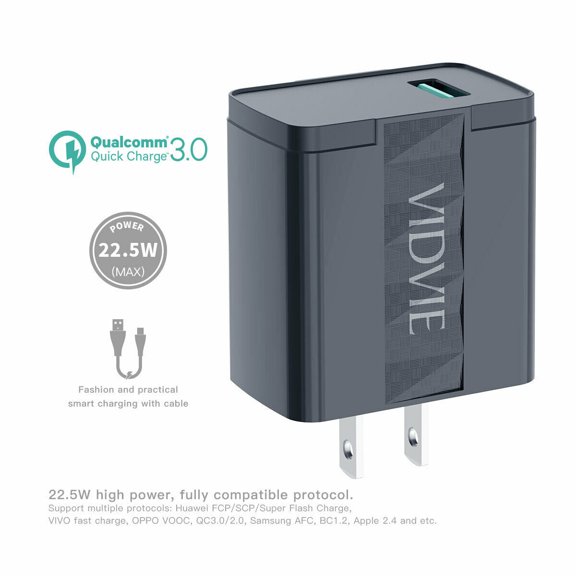 VIDVIE Iphone Type C & Micro USB Fast Charger with Cable QC 22.5W PLM330Q Black