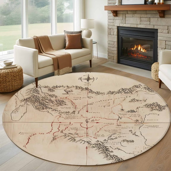Round Rugs 5Ft, Retro Map Round Area Rug Washable Indoor Throw Carpet, Middle Century Mountain Landscape Vintage Art Soft Non Slip Circle Rug for Cabinet Bathroom Home Decor Aesthetic