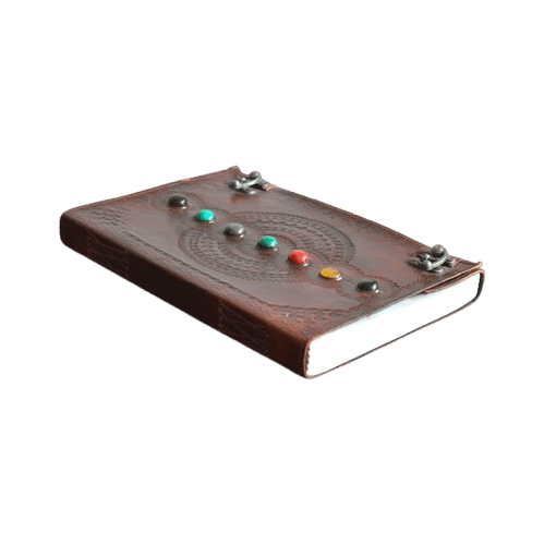 Handmade Brown Embossed Leather Journal with 7 Healing Stones – 10"x7", 200 Pages– Vintage Writing Notebook
