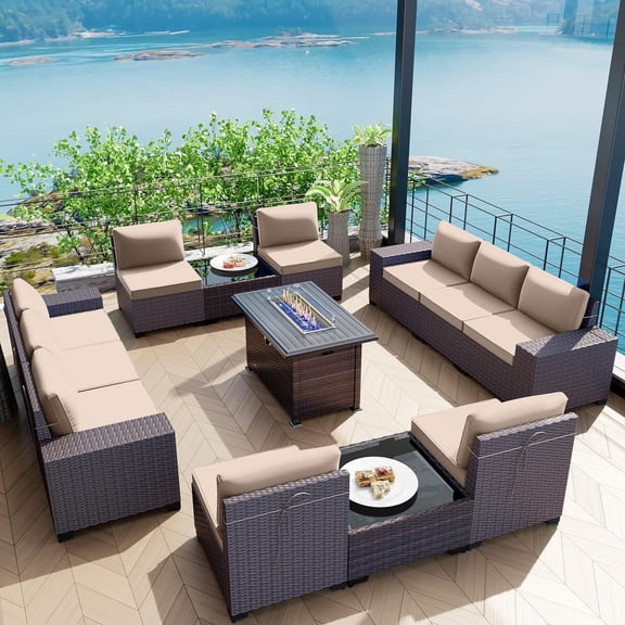 Gotland 13 Pieces Outdoor Patio Furniture Set with 43" Fire Pit Table Sets Outdoor Furniture Patio Conversation Set (Sand)