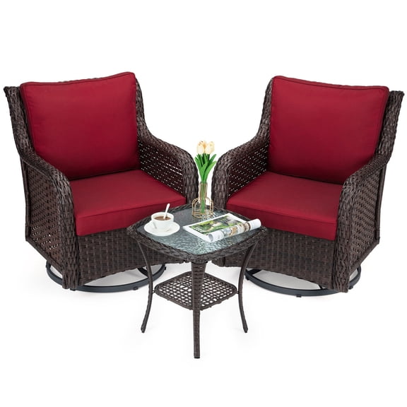 HOSSLLY 3 Piece Patio Bistro Furniture Sets Clearance, Outdoor Wicker Swivel Rocker Patio Set, 360 Degree Swivel Rocking, Red