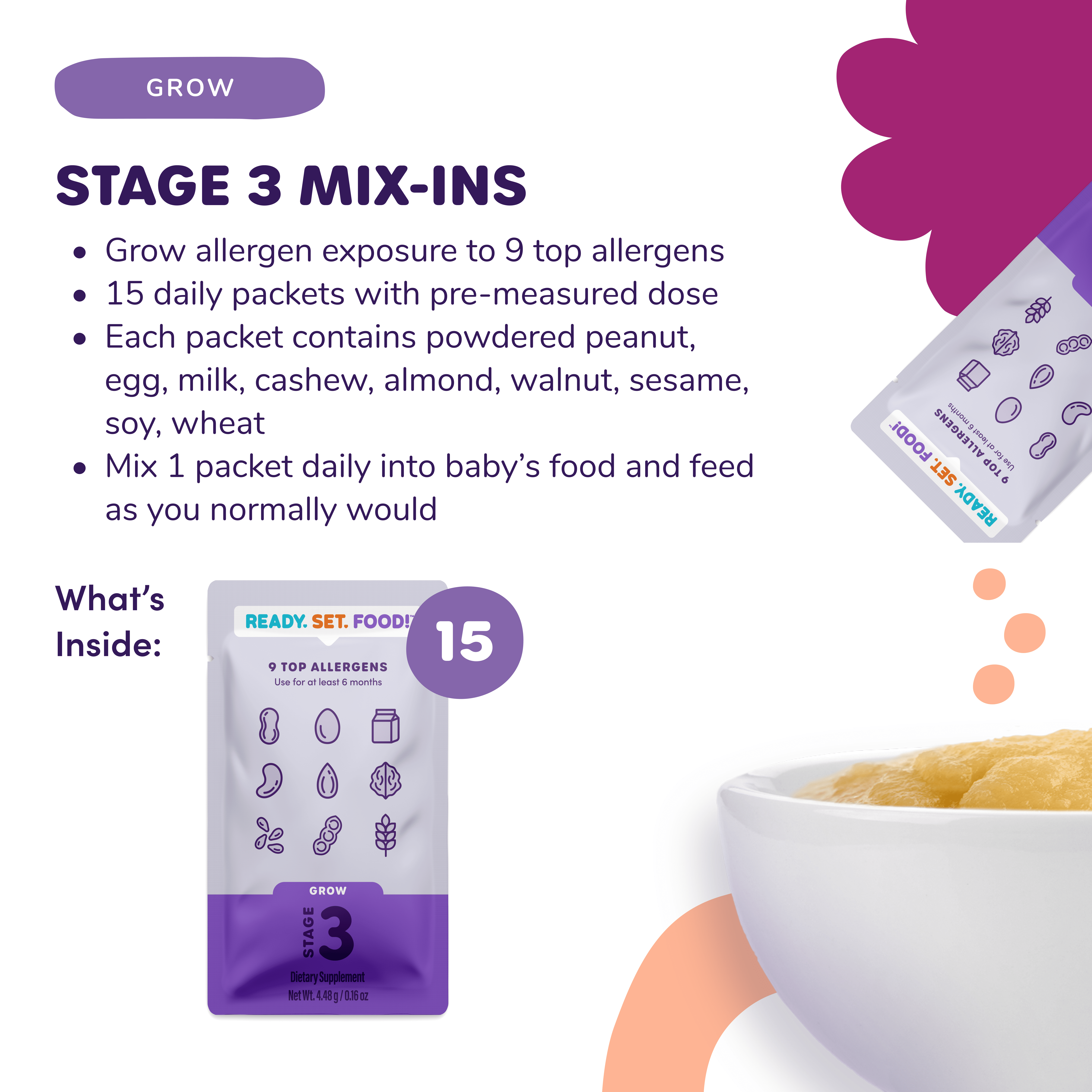 (6 pack) Ready, Set, Food! Organic Early Allergen Introduction Mix-Ins, Babies 6 Months, Stage 3, Unflavored