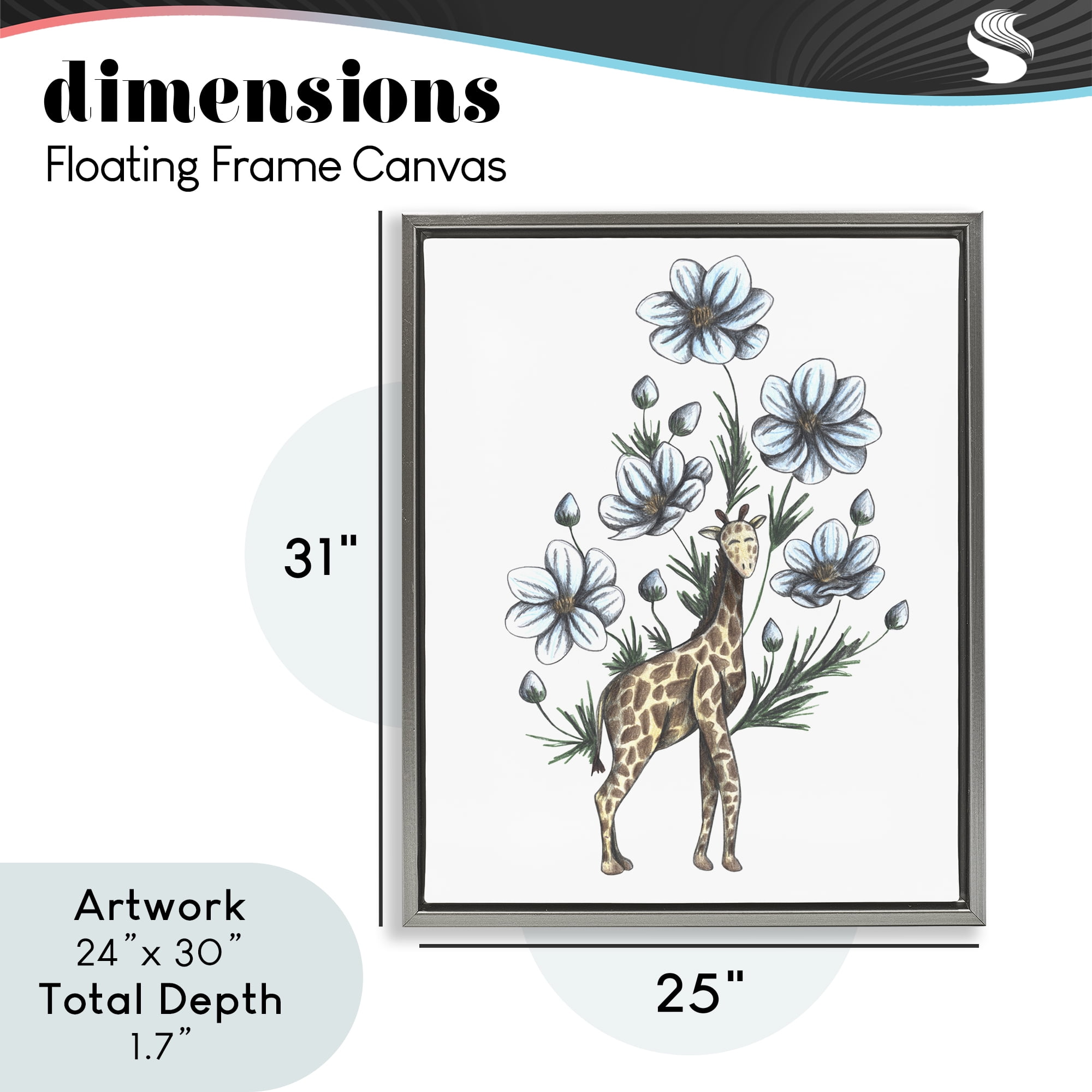 Giraffe with Flower Blossoms Gray Framed Floater Canvas Wall Art, design by Cecilia Battaini