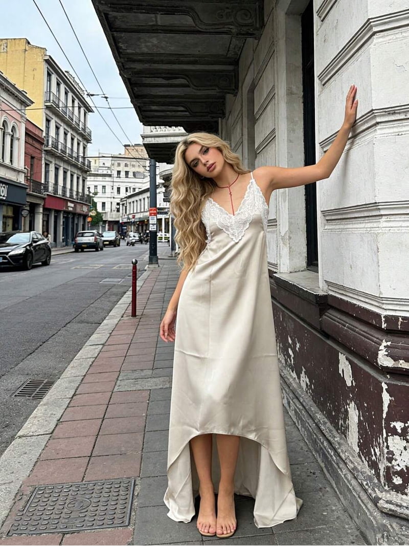 Ivory White Satin Slip Dress With Lace Trim High-Low Hem Sleeveless Maxi