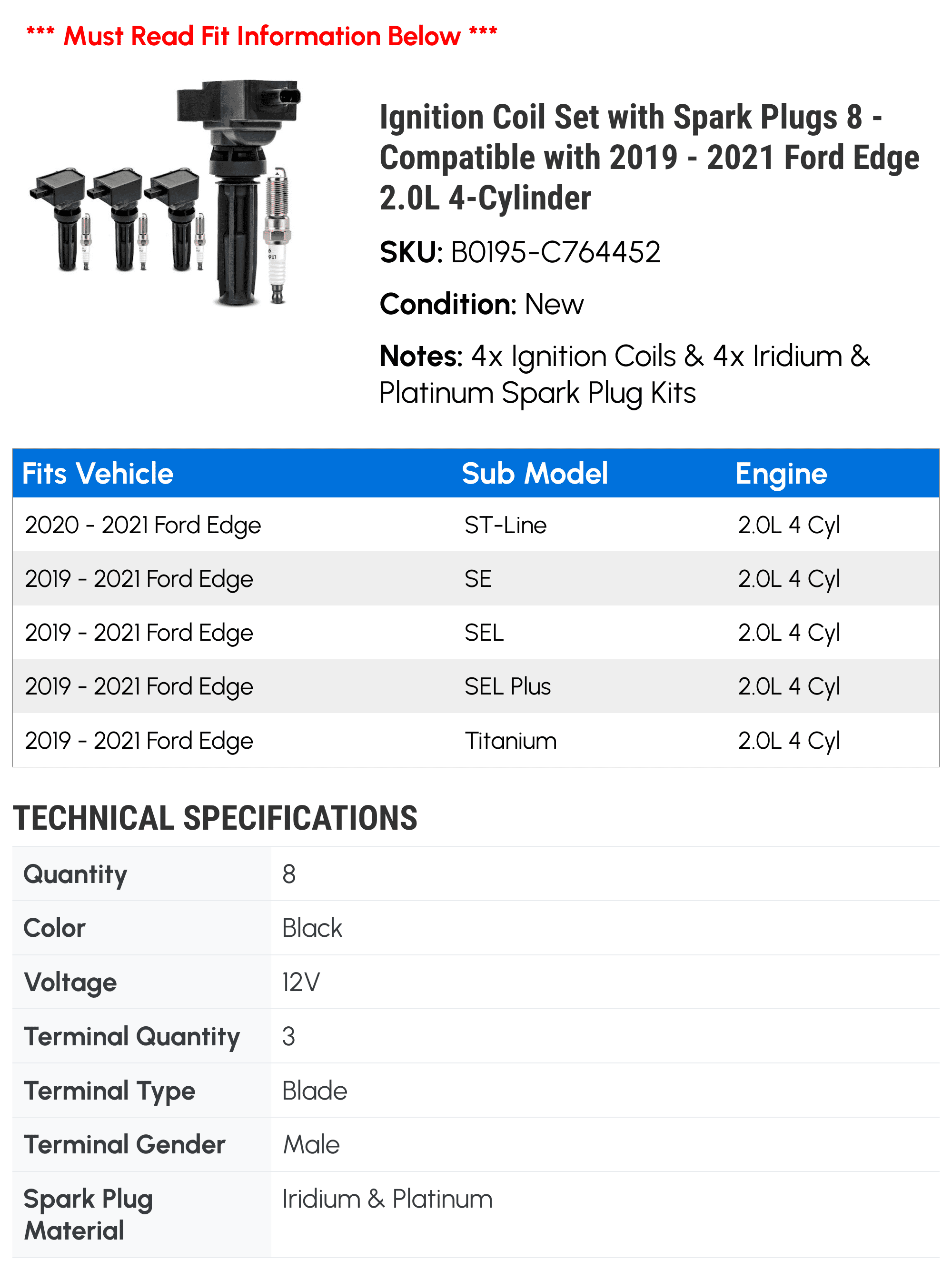 Ignition Coil Set with Spark Plugs 8 - Compatible with 2019 - 2021 Ford Edge 2.0L 4-Cylinder - Autopart Premium