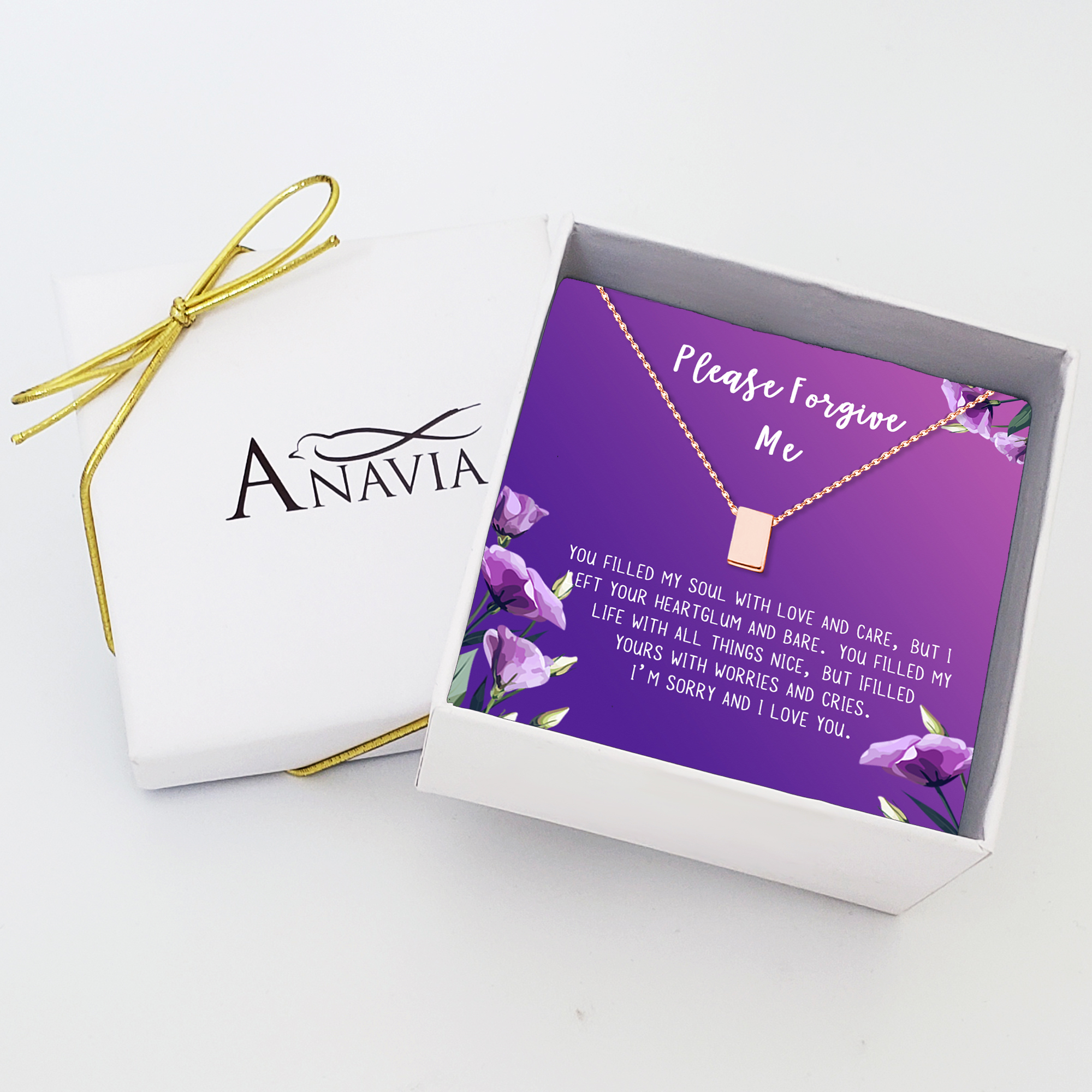 Anavia Forgiveness Gift for Girlfriend, Please Forgive Me Card Necklace, Apology Card, ask for forgiveness Necklace Jewelry Card Gift-[Rose Gold Cube, Royal Purple Gift Card]