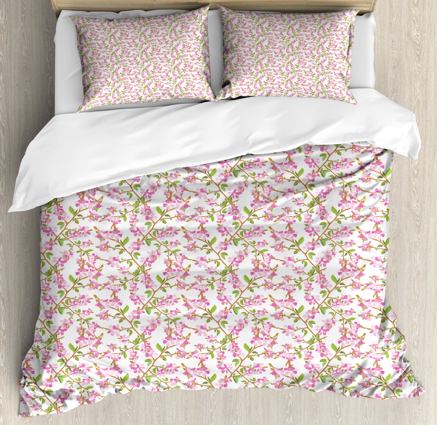 Cherry Blossom Queen Size Duvet Cover Set, Hand Drawn Cherry Blossom