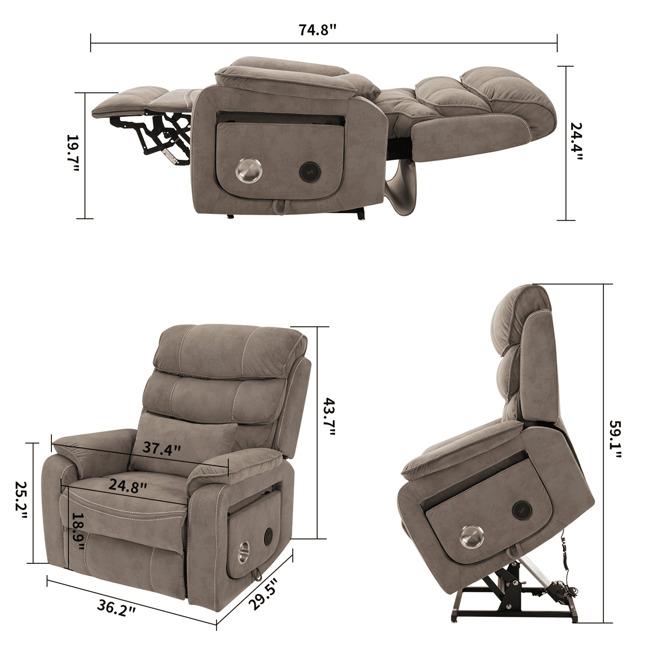 LEGAHOME Oversized Lift Recliner Chair with Wireless Phone Charging and Retractable Tray Table, 180 Degree Lying Flat Electric Power Sofa with Heat & Massage, Side Pocket, Cup Holder, Beige Brown
