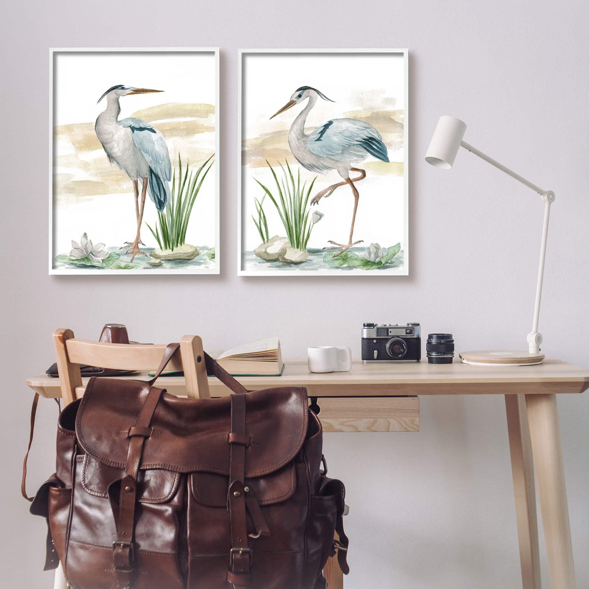 Stupell Industries Herons on Marsh Shore Animals & Insects Painting White Framed Art Print Wall Art, 24 x 30, Set of 2