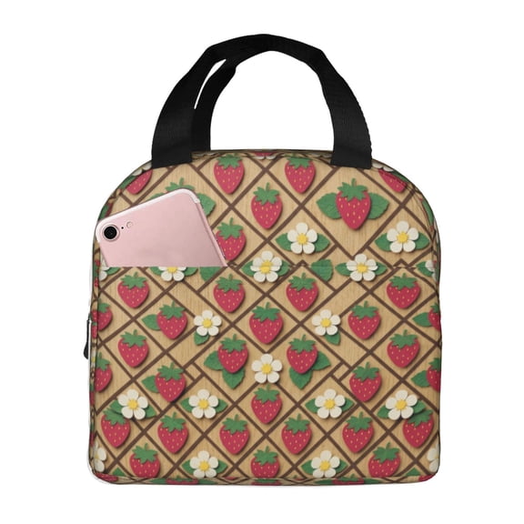 Strawberry Lunch Box, Watercolor Floral Strawberry Design, Insulated Reusable Lunch Tote for Office, Picnic and Daily Use