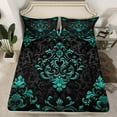 thumbnail image 2 of Manfei Teal Baroque Damask Bed Sheets Set King Size, Hippie Flower Floral Bedding Sets King Size, Vintage Victorian Top Sheet, Breathable Bedroom Decorative, 4-Piece, 2 of 7
