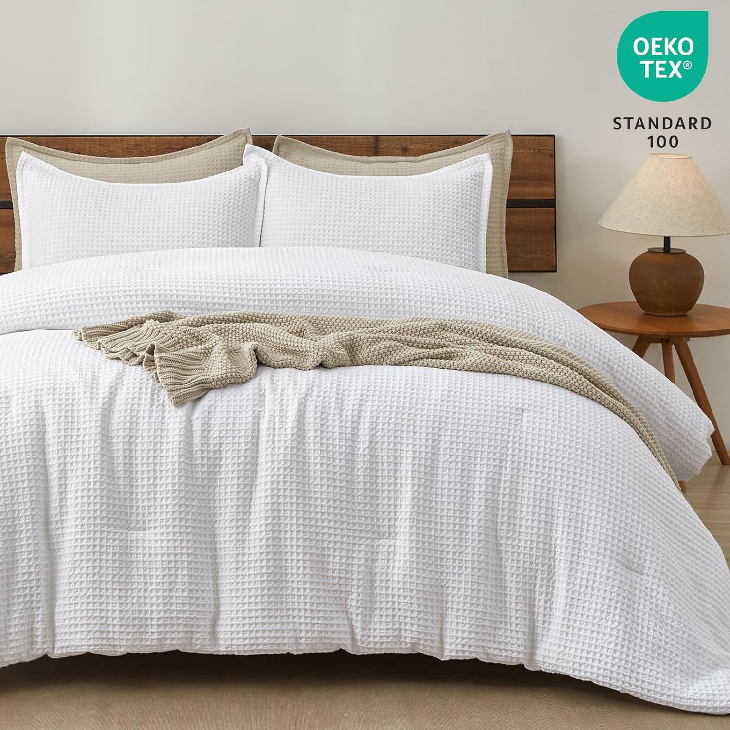PHF 3-Piece Waffle Weave Comforter Set Queen Size, Lightweight Comfy Bedding Set for All Season, Ultra Soft Textured 1 Comforter with 2 Pillow Shams, White