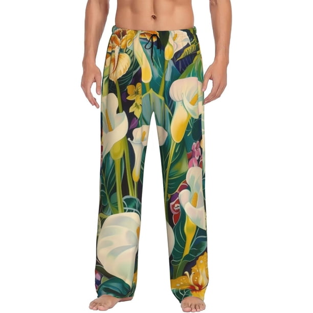 Fotbe Tropical Floral Jungle Pantalones de Pijama para Hombre, Pantalones de Dormir, Pantalones de Casa con Cintura Ajustable y Bolsillos-Large